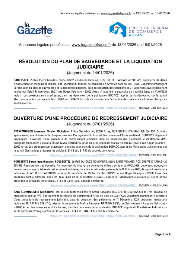 Annonces légales publiées du 13/01/2026 au 16/01/2026
