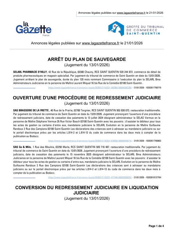 Annonces légales publiées le 21/01/2026
