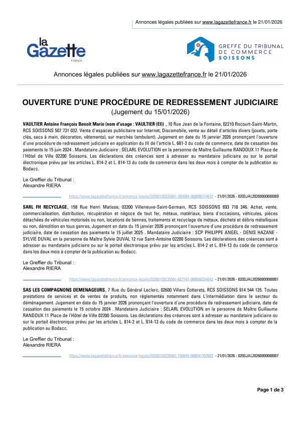 Annonces légales publiées le 21/01/2026