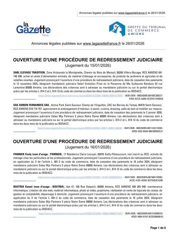 Annonces légales publiées le 26/01/2026