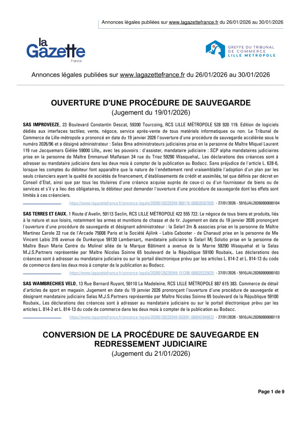 Annonces légales publiées du 26/01/2026 au 30/01/2026