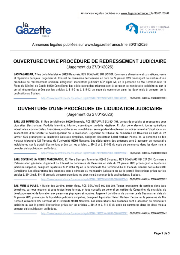 Annonces légales publiées le 30/01/2026
