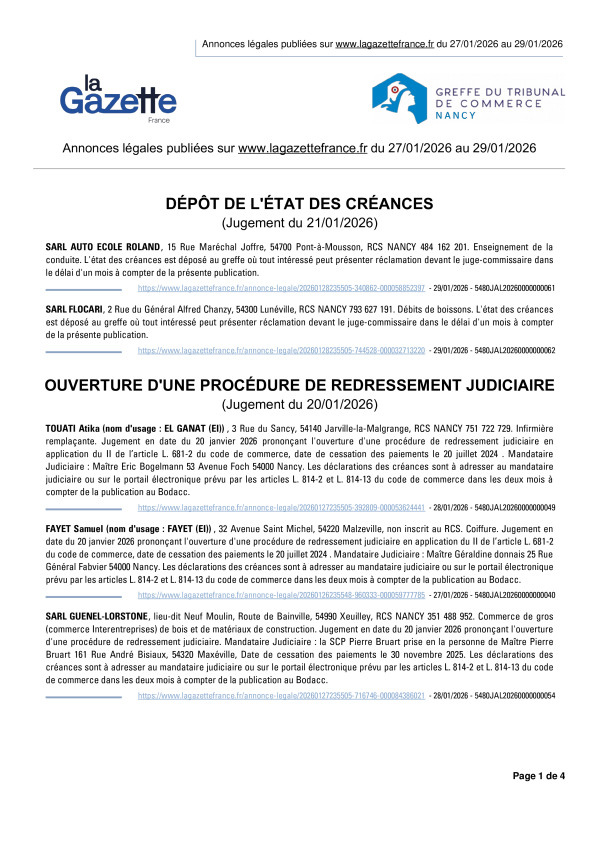 Annonces légales publiées du 27/01/2026 au 29/01/2026