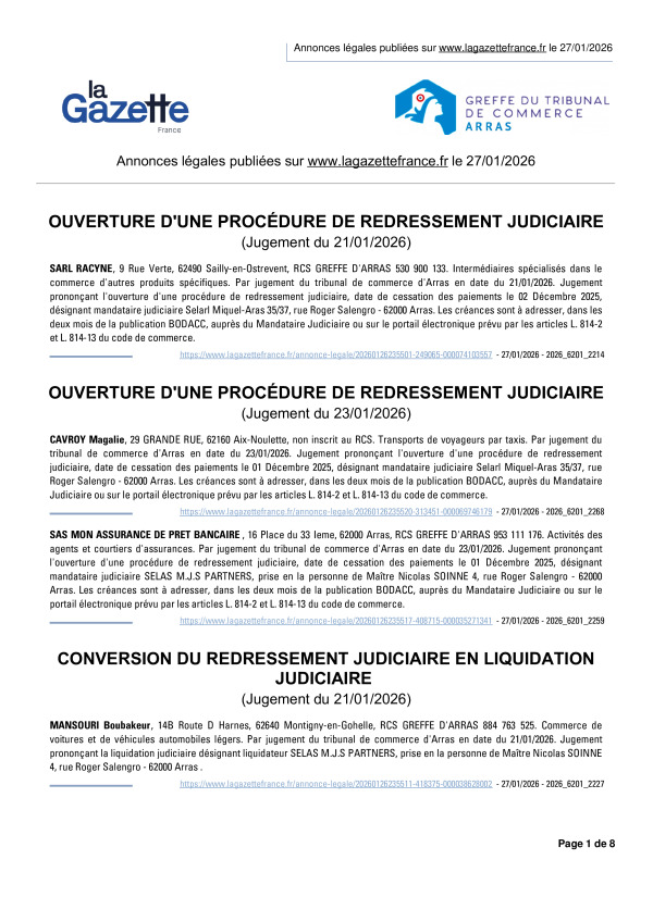 Annonces légales publiées le 27/01/2026