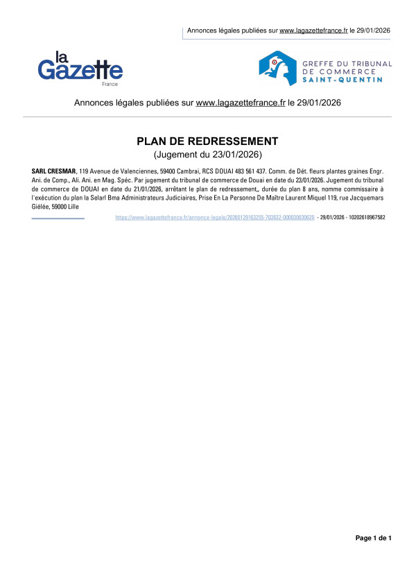 Annonces légales publiées le 29/01/2026