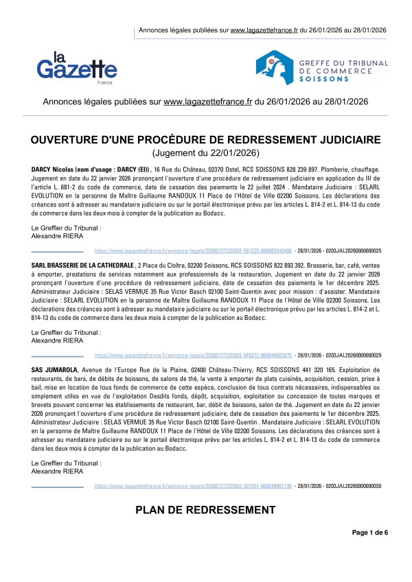 Annonces légales publiées du 26/01/2026 au 28/01/2026