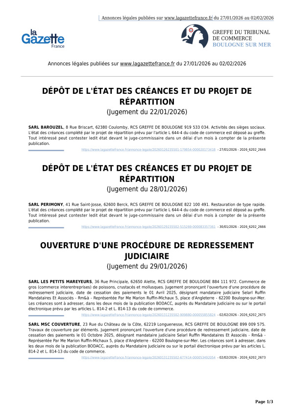 Annonces légales publiées du 27/01/2026 au 02/02/2026
