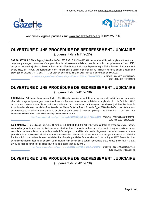 Annonces légales publiées le 02/02/2026