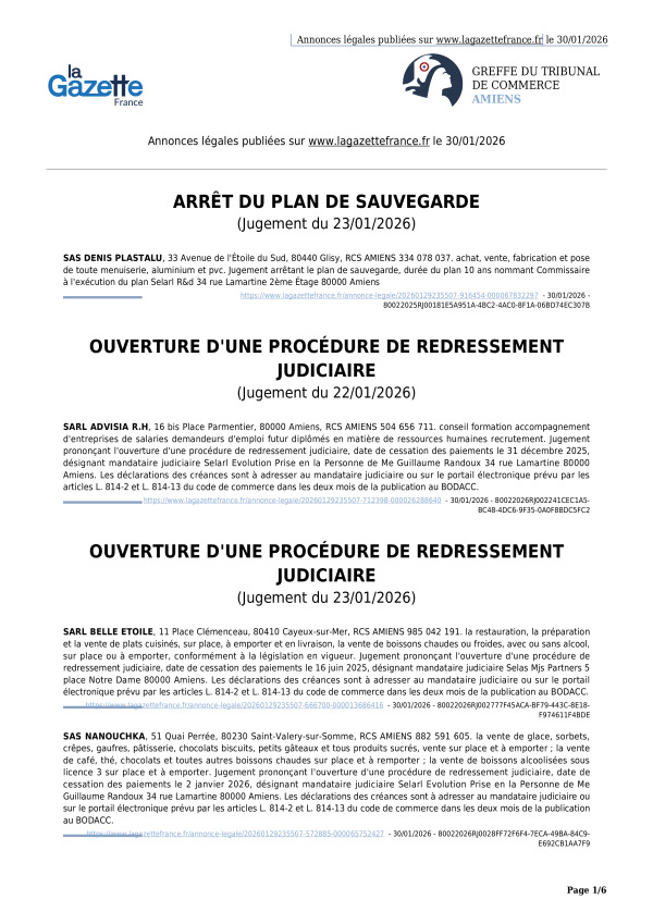 Annonces légales publiées le 30/01/2026
