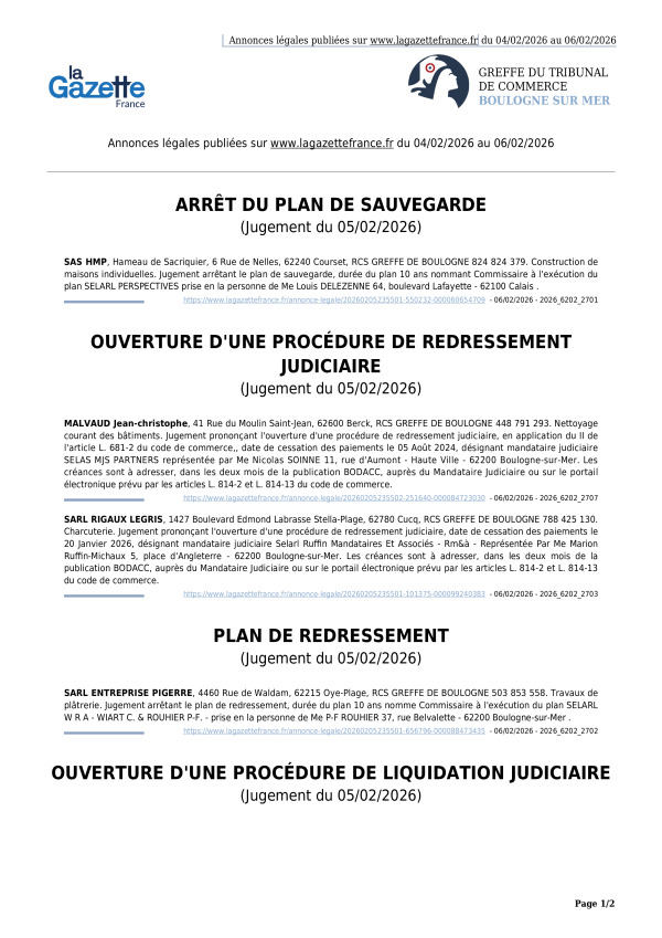 Annonces légales publiées du 04/02/2026 au 06/02/2026