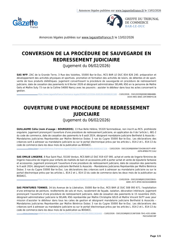 Annonces légales publiées le 13/02/2026