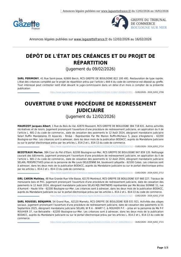 Annonces légales publiées du 12/02/2026 au 16/02/2026