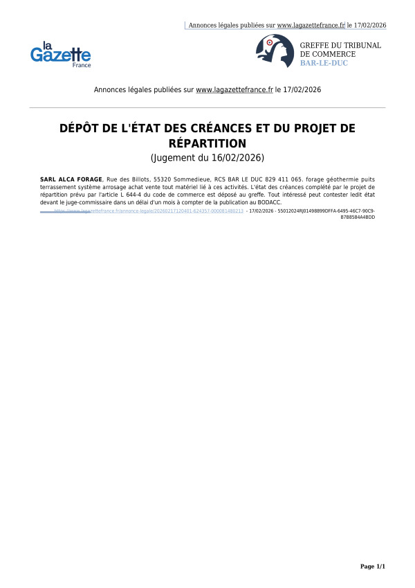 Annonces légales publiées le 17/02/2026