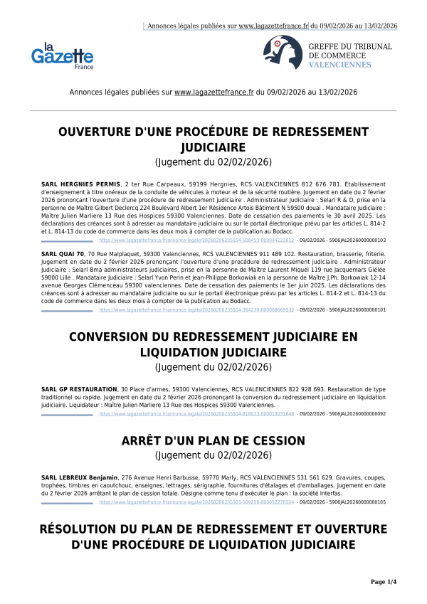Annonces légales publiées du 09/02/2026 au 13/02/2026