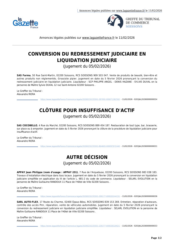 Annonces légales publiées le 11/02/2026