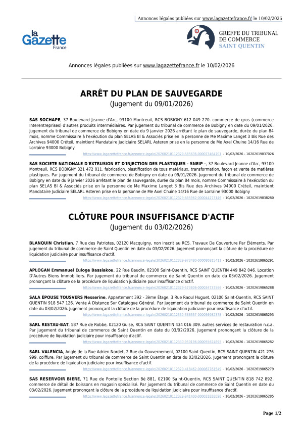 Annonces légales publiées le 10/02/2026