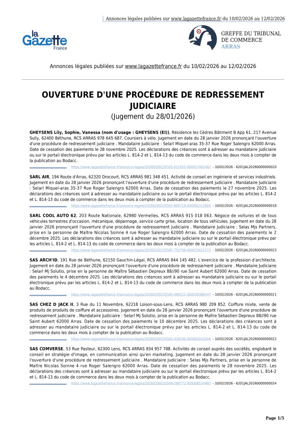 Annonces légales publiées du 10/02/2026 au 12/02/2026