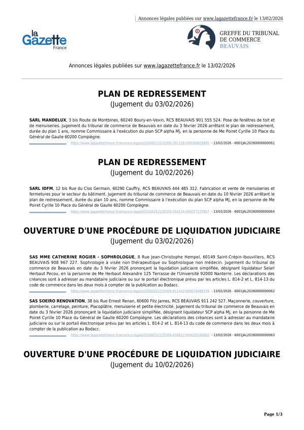 Annonces légales publiées le 13/02/2026