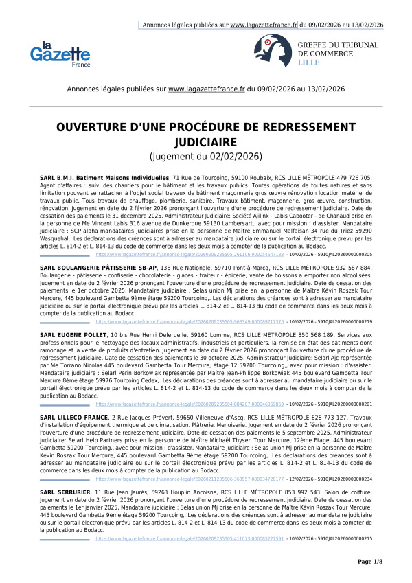 Annonces légales publiées du 09/02/2026 au 13/02/2026