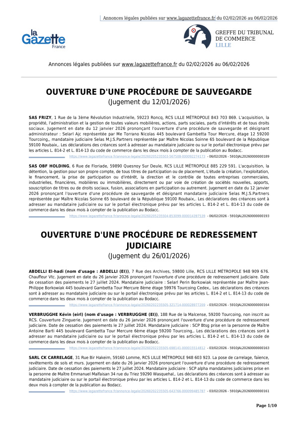Annonces légales publiées du 02/02/2026 au 06/02/2026