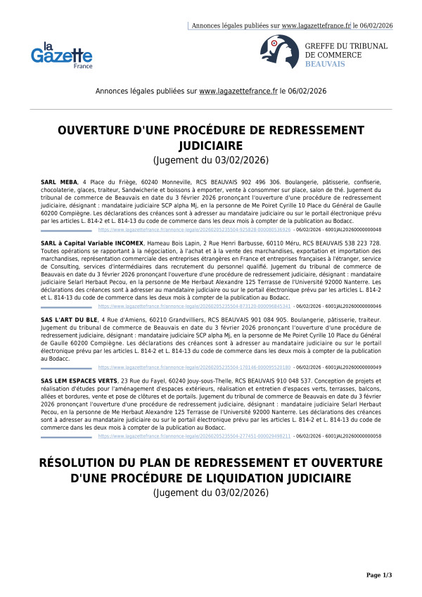 Annonces légales publiées le 06/02/2026