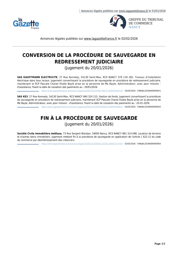 Annonces légales publiées le 02/02/2026