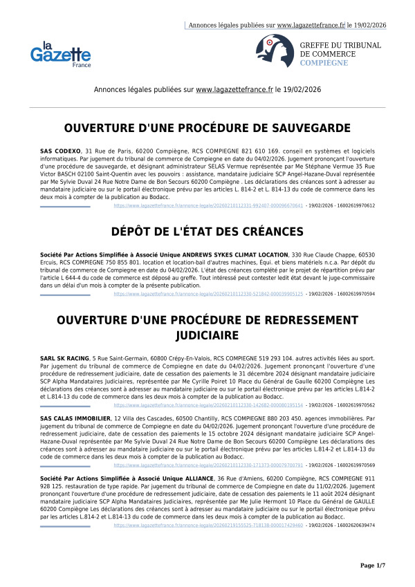 Annonces légales publiées le 19/02/2026