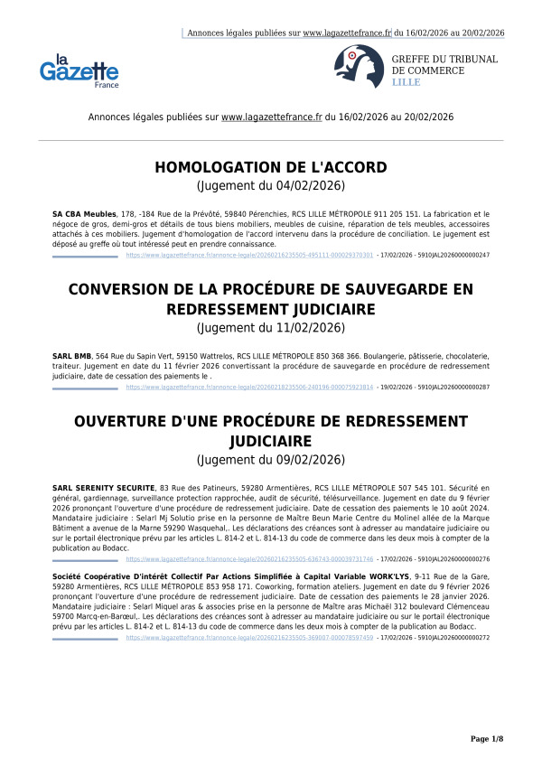 Annonces légales publiées du 16/02/2026 au 20/02/2026