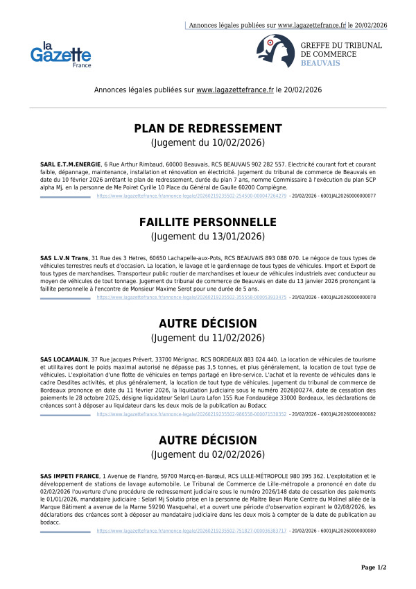 Annonces légales publiées le 20/02/2026