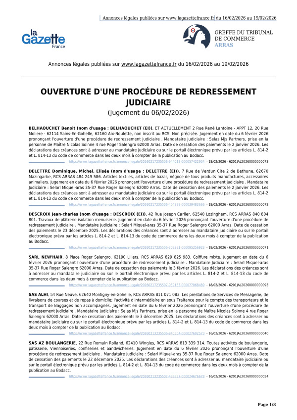 Annonces légales publiées du 16/02/2026 au 19/02/2026