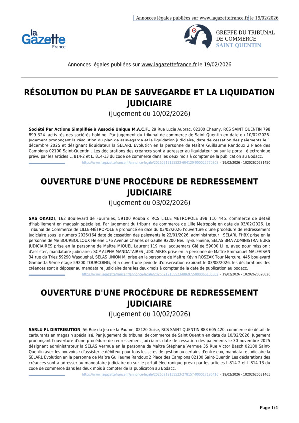 Annonces légales publiées le 19/02/2026