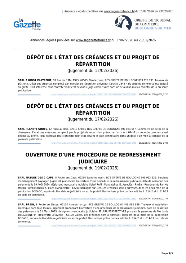 Annonces légales publiées du 17/02/2026 au 23/02/2026