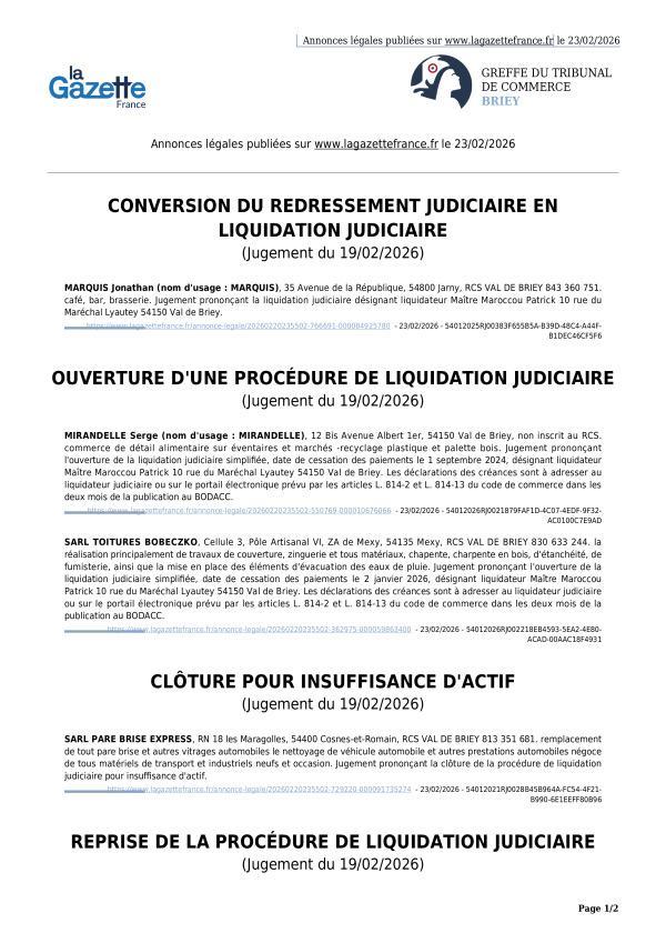 Annonces légales publiées le 23/02/2026