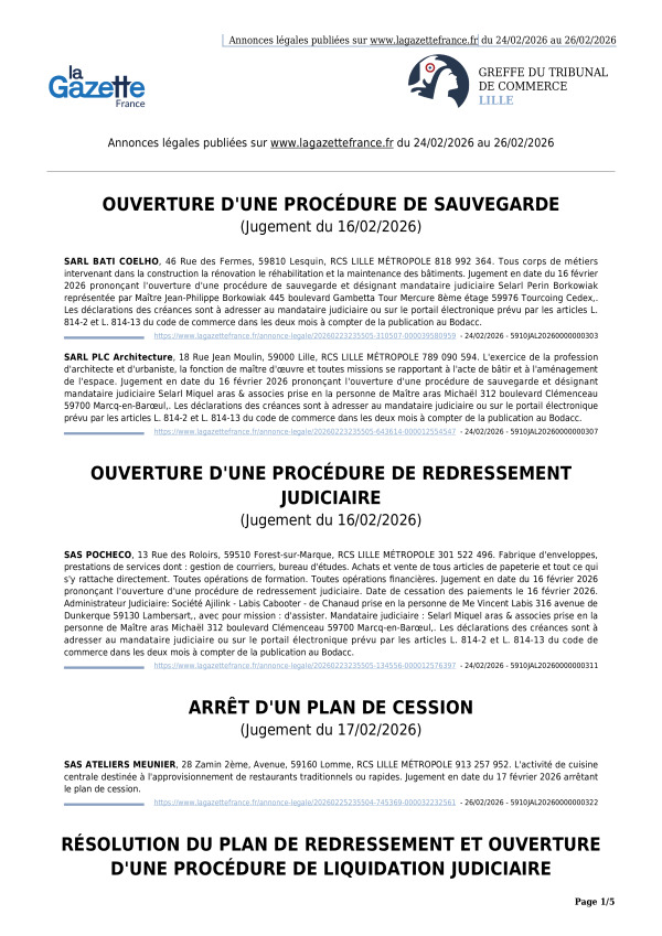 Annonces légales publiées du 24/02/2026 au 26/02/2026