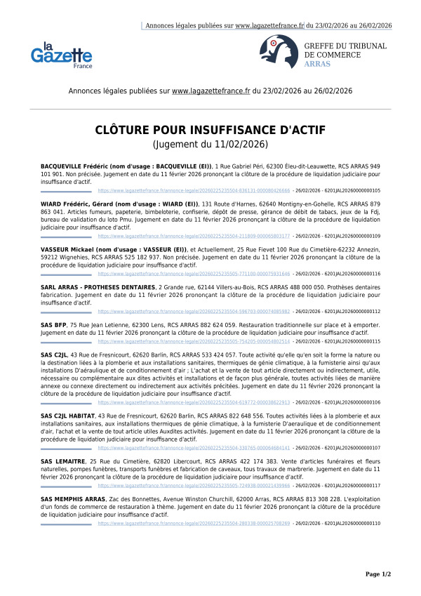 Annonces légales publiées du 23/02/2026 au 26/02/2026