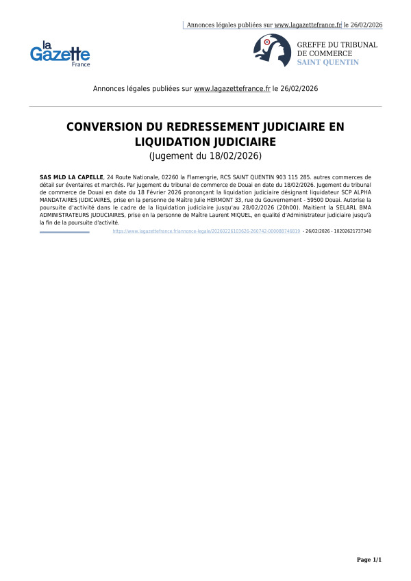 Annonces légales publiées le 26/02/2026