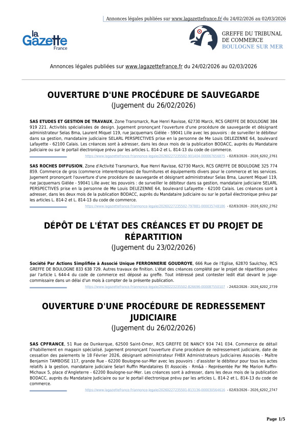 Annonces légales publiées du 24/02/2026 au 02/03/2026