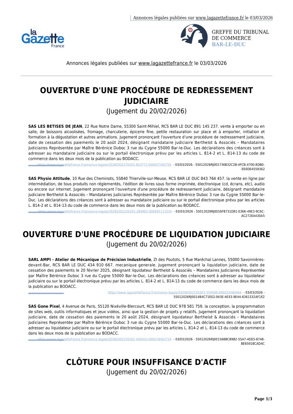 Annonces légales publiées le 03/03/2026
