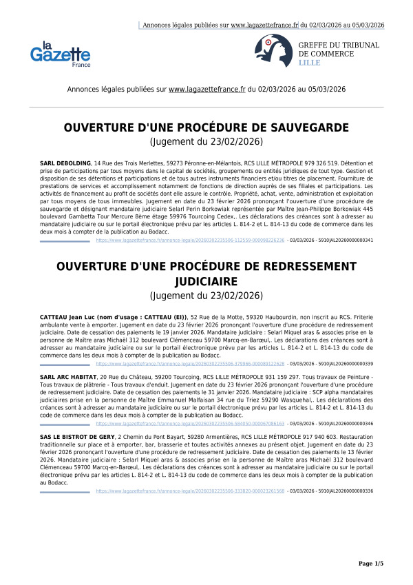 Annonces légales publiées du 02/03/2026 au 05/03/2026