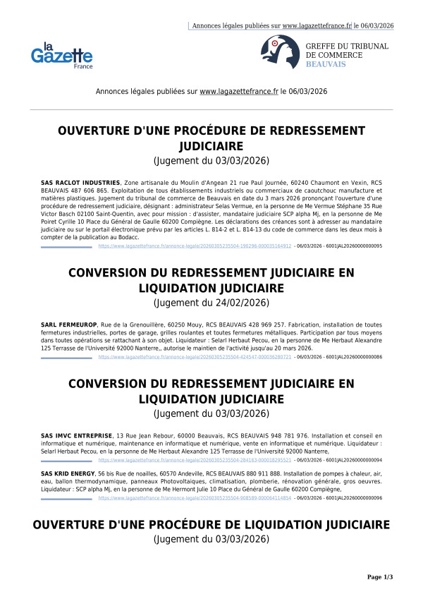 Annonces légales publiées le 06/03/2026