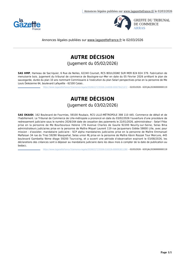 Annonces légales publiées le 02/03/2026