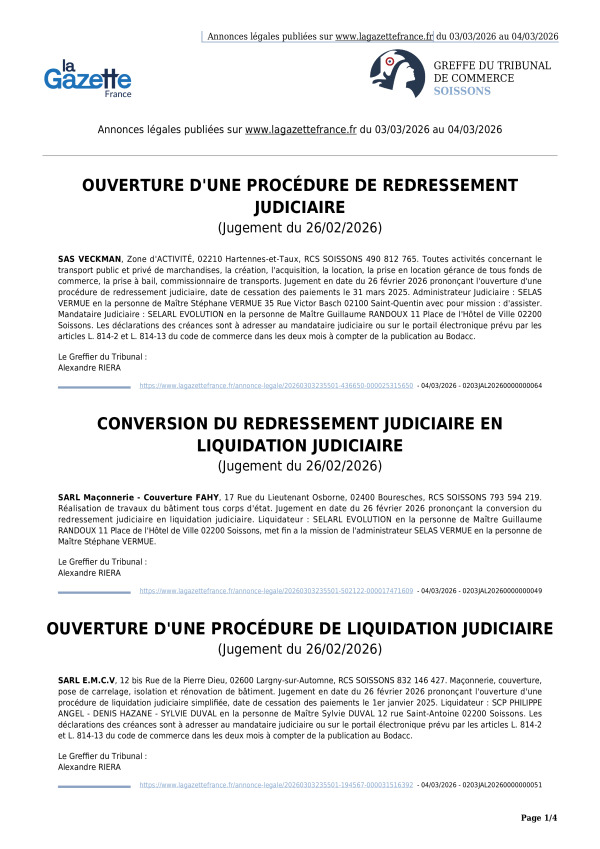 Annonces légales publiées du 03/03/2026 au 04/03/2026