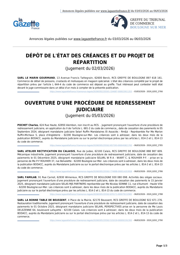 Annonces légales publiées du 03/03/2026 au 06/03/2026