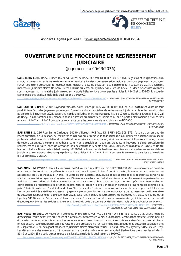 Annonces légales publiées le 10/03/2026