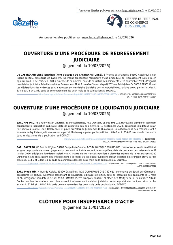 Annonces légales publiées le 12/03/2026