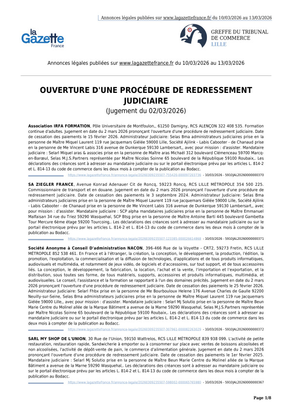 Annonces légales publiées du 10/03/2026 au 13/03/2026