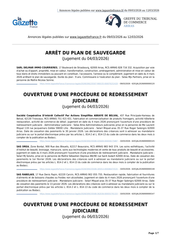 Annonces légales publiées du 09/03/2026 au 12/03/2026