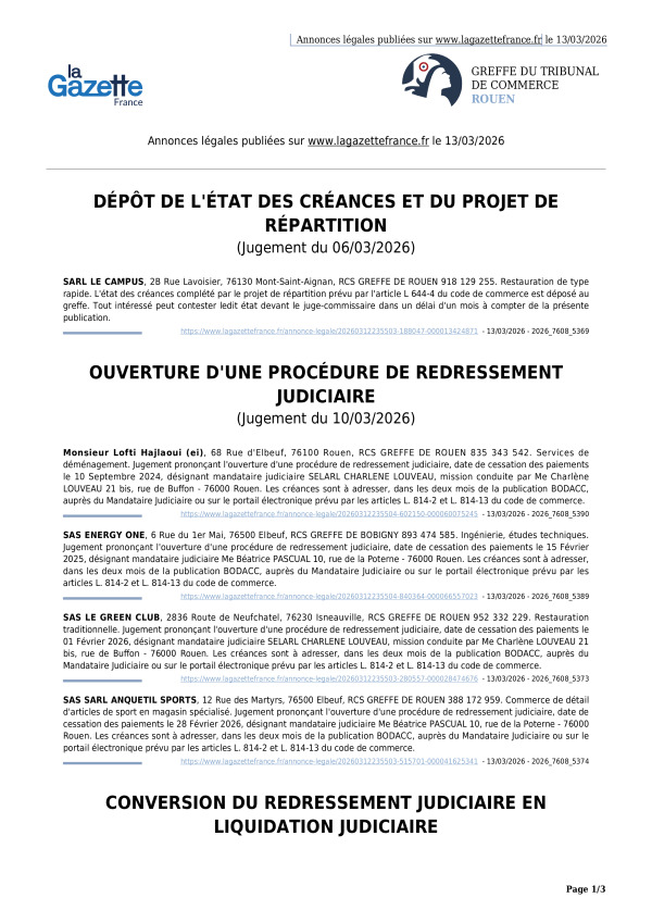 Annonces légales publiées le 13/03/2026