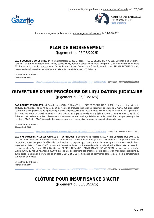Annonces légales publiées le 11/03/2026