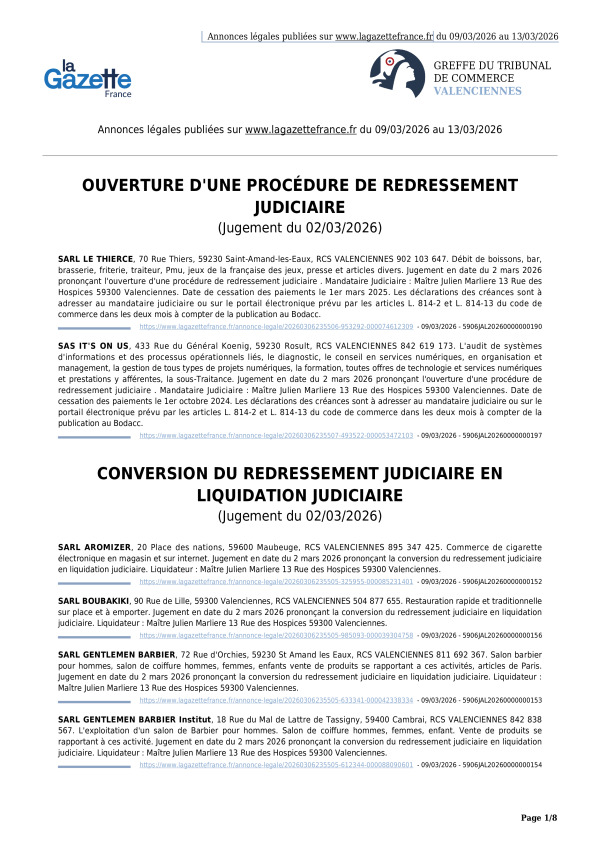 Annonces légales publiées du 09/03/2026 au 13/03/2026